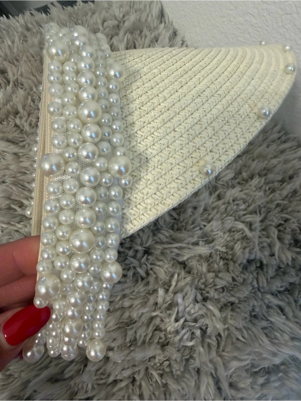 High quality Pearl-Embellished Straw Visor Hat - Cream